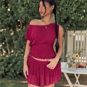 Festival rave  Red Bubble Top Smocked Ruffled Casual